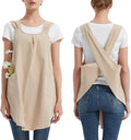 Japanese Apron for Women with 2 Roomy Pockets Linen Cross Back Aprons Cute Pinafore Dress For Kitchen Cooking Baking Work Gardening Painting Crafting (Beige)