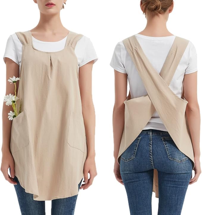 Japanese Apron for Women with 2 Roomy Pockets Linen Cross Back Aprons Cute Pinafore Dress For Kitchen Cooking Baking Work Gardening Painting Crafting (Beige)