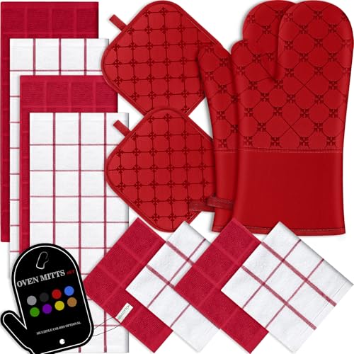 Oven Mitts Kitchen Towels Dishcloths with Pot Holders Sets 12PCS (Red)