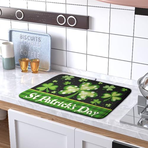 Happy St. Patrick's Day Kitchen Drying Mat Green Plaid Lucky Shamrock Clover Dish Drying Mat St Patrick's Day Super Absorbent Dish Dry Pad Microfiber Dish Drainer Mats for Kitchen Counter 18x24 Inch (St Patrick's Day / 18" x 24")