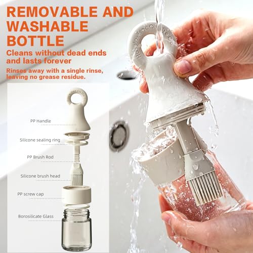 2-in-1 Oil Dispenser with Brush, 150ml Glass Olive Oil Bottle with Silicone Basting Brush, Leak-Resistant Sauce Brush Bottle for BBQ, Baking, Grilling, Camping, White (White)