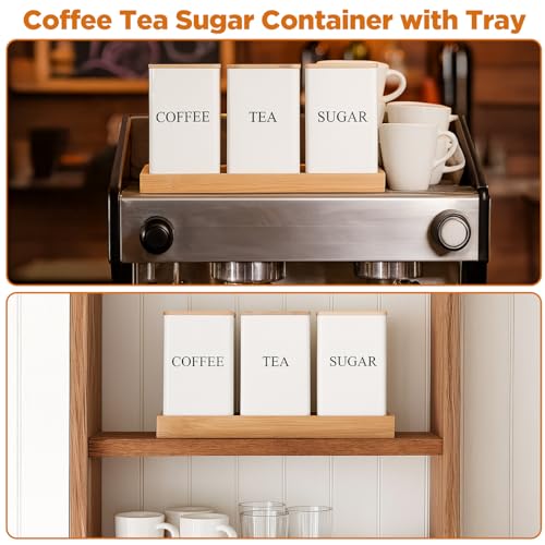 3 Pack Coffee Tea Sugar Container with Tray Airtight Metal Canister with Bamboo Lid Tray for Kitchen Counter Dining Room Farm House Kitchen Style Drink Station Organizer Set