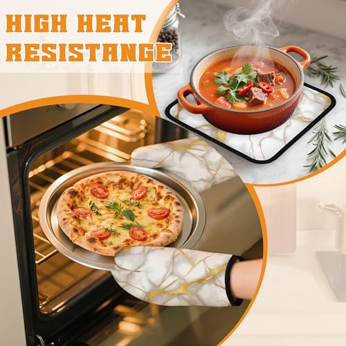 Marble Oven Mitts and Pot Holders Set (Marble White Gold Flowing Marble)