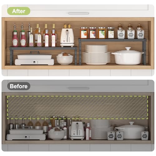 Expandable Cabinet Organizer Shelf With Adjustable Height (Black-2 Pack / 8.27"D*14-22.4"W x 7.5"H)