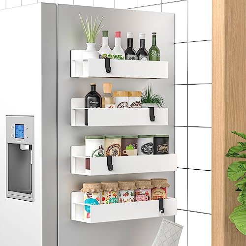 Metal Magnetic Spice Rack for Refrigerator with Hooks White (4 Pack / White)