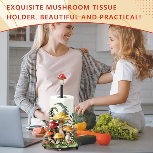 Mushroom Paper Towel Holder with Round Base Mushroom Bathroom Decor Gifts Rustic Dispenser Kitchen Paper Holder Stand for Christmas Housewarming Farmhouse Countertop Toilet Home Accessories (Mushroom)