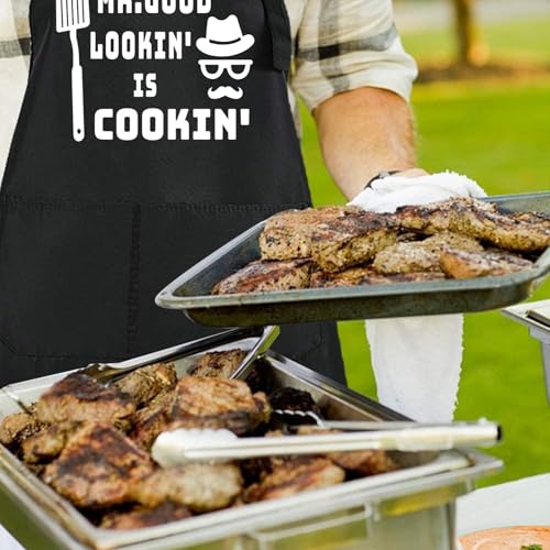 Funny Black Chef Aprons for Men Adjustable BBQ Kitchen Cooking Apron (Mr.good Lookin，is Cookin)