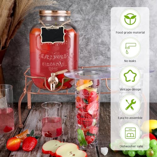 2 Pcs 2 Gallon Glass Drink Dispenser with Stand Ice Cylinder Hanging Chalkboard Signs 18 (Rose Gold)