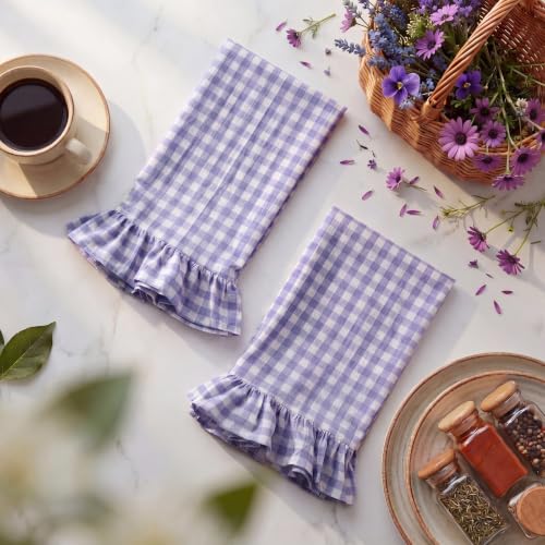 2 Pcs Purple Gingham Kitchen Towels Cotton Ruffled (Purple / Gingham)
