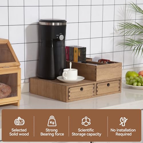 Wooden Coffee Station Organizer with Drawers (Dark Brown)