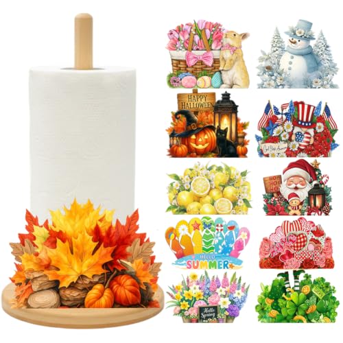 Bamboo Paper Towel Holder with 11 Set Interchangeable Holiday Signs