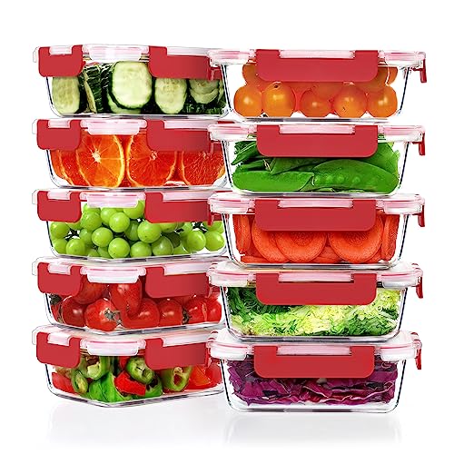 10 PACK 22 OZ Glass Meal Prep Containers Set with Lids (Red)