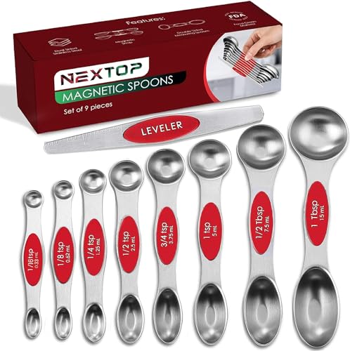 Magnetic Measuring Spoons Set of 9 Stainless Steel Dual (Red)