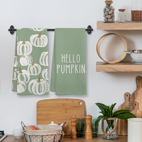 Fall Hello Pumpkin Farmhouse Kitchen Towels and Dishcloths Sets of 2 (Green Pumpkin)