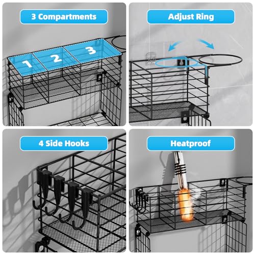 Metal Hair Tool Organizer with Toilet Paper Storage Basket Wall Mount (Black 2 Tiers)