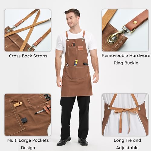 Chef Canvas Aprons with 3 Large Pockets Adjustable Strap for Men Women (Brown)