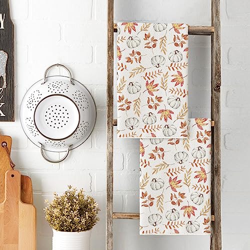 Orange Leaves Pumpkins Fall Kitchen Towels Set of 4 18x26 Inch (Orange)