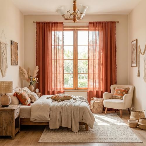 Bohemian Farmhouse Ceiling Curtains with Macrame for Living Room (Z-terracotta / 50"W x 96"L (Pack of 2))