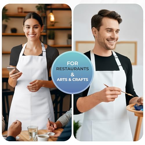 Bib Aprons 4 Pack Adjustable With 2 Pockets White (4 Pack / White)