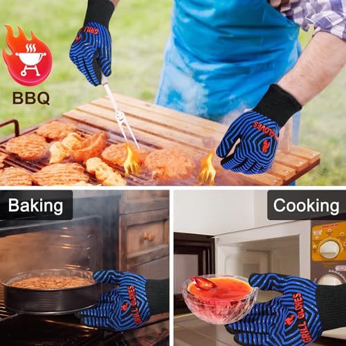 BBQ Gloves Oven Gloves 1472℉ Extreme Heat Resistant (Black Blue / One Size Fits Most(Regular Cuff))