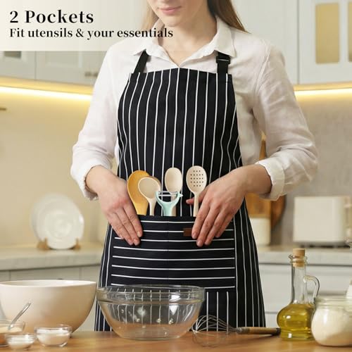2 Pack Cooking Aprons Adjustable Bib Apron for Women with 2 Pockets (Black Stripes/Black Pinstripe)