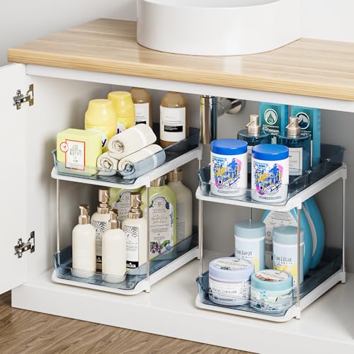 2-Tier Multi-Purpose Bathroom Under Sink Organizers and Storage, Stackable Kitchen Pantry Organization, Pull Out Medicine Cabinet Organizer with Movable Dividers, Blue, 2 Pack (Blue / 2 Pack)