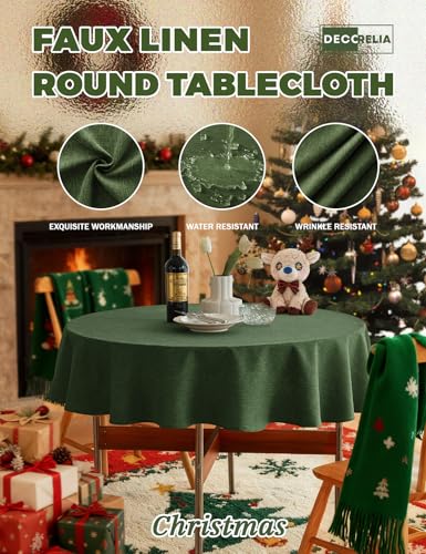 Christmas Faux Linen Round Tablecloth (Dark Green / 60" (Round))
