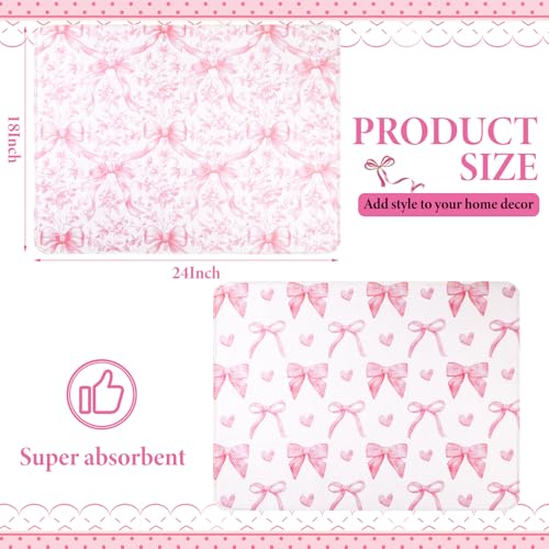 2 Pcs Pink Bow Dish Drying Mats for Kitchen Counter 18 x 24 Inch (Pink Bow)