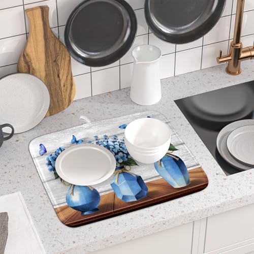 Blue Hydrangea Dish Drying Mat for Kitchen Vintage Wood Board Floral Butterfly Dish Drainer Mats 16x18inch Rustic Flowers Dish Drying Rack Pad Protector for Countertop Dining Decor (18" x 16")