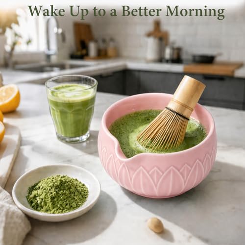Matcha Whisk Set with Ceramic Bowl & Bamboo Chasen (Leaf Pink)