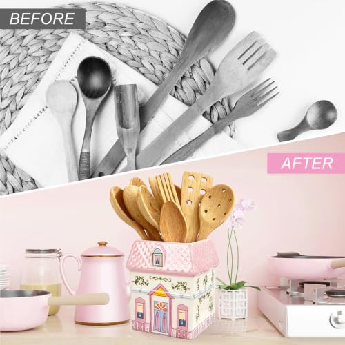 3D Pink House Ceramic Utensil Holder Cute Bow House Utensil Crock Cooking Tool Storage Organizer Container for Farmhouse Home Kitchen Countertop Decor