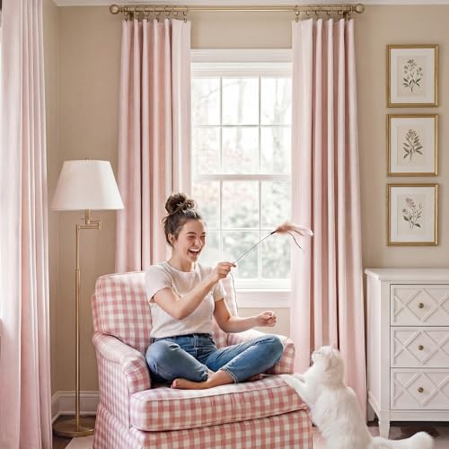 Pink 100%Blackout Linen Curtains for Girl's Room W52 x L84 (Pink / 52"W x 84"L (Pack of 2))
