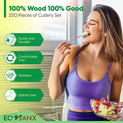 220 PCs Disposable Wooden Cutlery set 6.3" Splinter Free Compostable Utensils for party