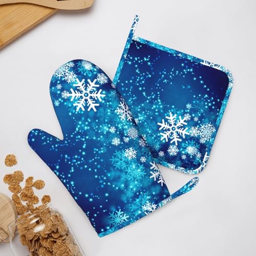 Oven Mitts and Pot Holders Blue Snowflake Winter Christmas Silicone Kitchen Accessories Set of 4 Heat Resistant Long Gloves Potholder Non (A063218)