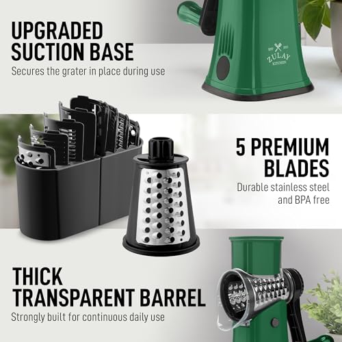 Rotary Cheese Grater Manual Hand Crank 5 Blade Shredder (5 Blades / Green & Black)