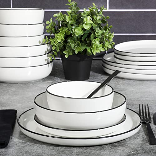 Oslo 16 Piece Porcelain Dinnerware Set (White w/ Black Rim (Oslo) / Service for 4 (16pcs))