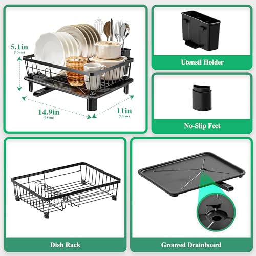 Dish Drying Rack with Drainboard for Kitchen Counter (Black 3 / 11''W x 15''L)