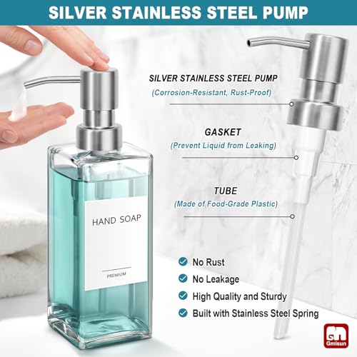 Glass Soap Dispenser with Stainless Steel Pump (Clear Bottle + Sliver Pump / 2 Pack)