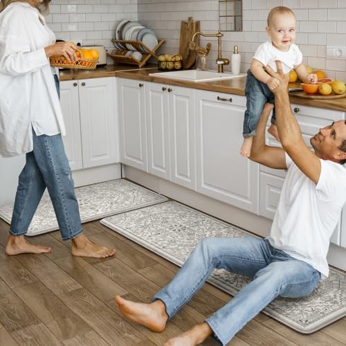 Kitchen Mats Cushioned Anti Fatigue (Light Grey/Multi / 17.3" x 47"+17.3" x 29"--0.47 inches)