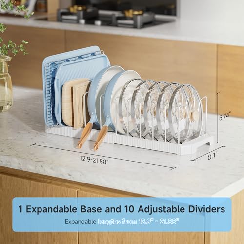 Pots and Pans Organizer under Cabinet (White / 12 Adjustable Dividers)