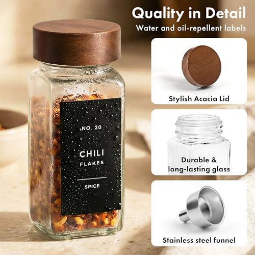 Glass Spice Jars with Label (Acacia Lid + Black Labels)