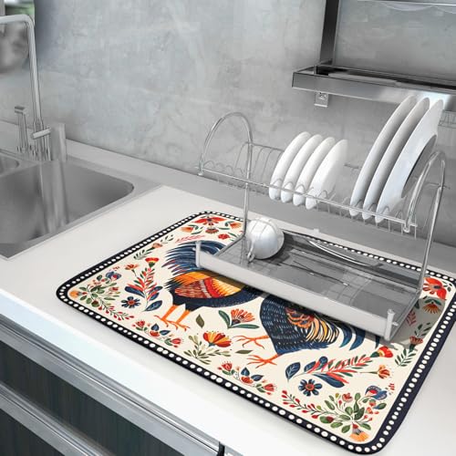 Rooster Poultry Dish Drying Mat for Kitchen Counter 18x24 Inch Microfiber Absorbent Colorful Printing Drying Pad (Chicken Art White / 24" x 18")