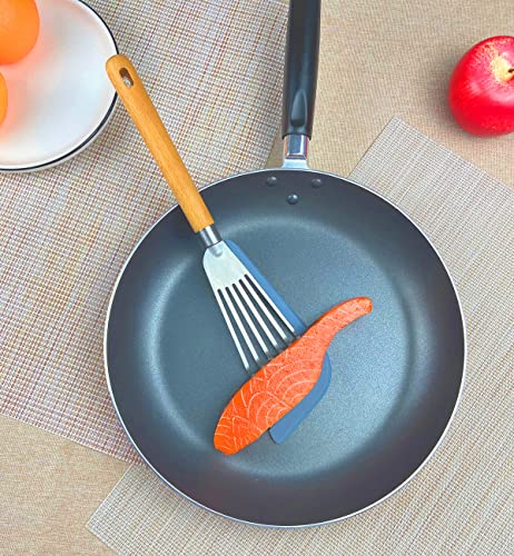 Fish Spatula Set for Nonstick Cookware Flexible Metal Fish Spatula Stainless Steel Small Fish Slotted Spatula Turner with Wood Handle (White, Wood)