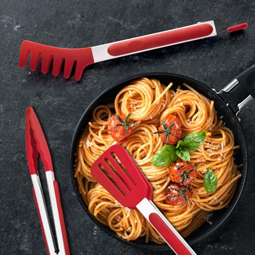 3 Pack Kitchen Tongs for Cooking with Silicone Tip (9 inch / Red 3Pcs)