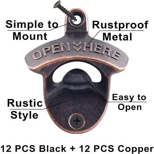 24 PCS Beer Bottle Opener Wall Mounted Black Copper with Screws (Black, Antique Copper)