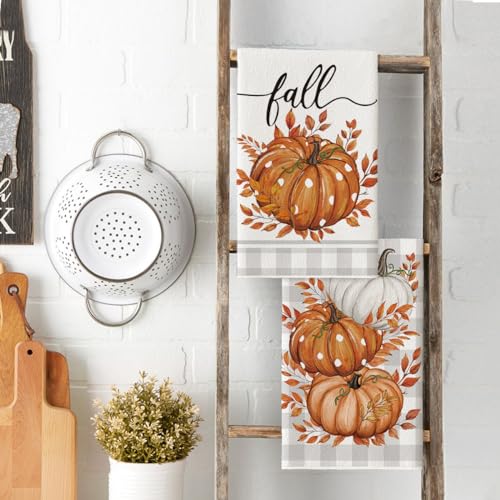 Orange Pumpkin Leaves Fall Kitchen Towels Set of 2 18x26 Inch (Orange/Beige)