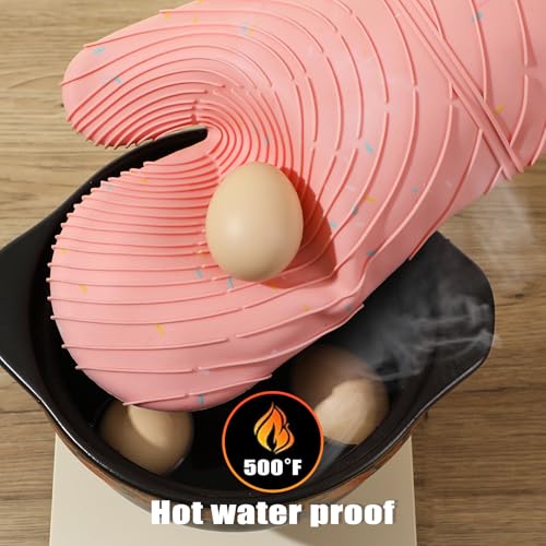 4 Pieces Oven Mitts of Macaron Color Thickened Non (Silicone-pink)