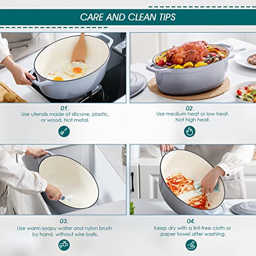 9.3 Qt Oval Enameled Cast Iron Dutch Oven with Lid (9.3 Qt-oval / Grey)
