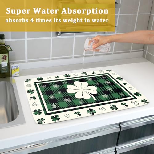 Patrick Clovers Dish Drying Mat 18"x24" Lucky Shamrock Spring Leaf Dish Drainer Mats Green Black Buffalo Plaids Absorbent Microfiber Dish Drying Pad for Kitchen Countertop Large Decor (24" x 18")