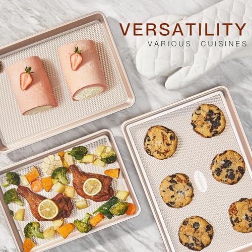 3 Pack Gold Nonstick Baking Sheet Pan Set with Oven Mitts Heat Resistant (Champagne Gold (Carbon Steel) + Mitts)
